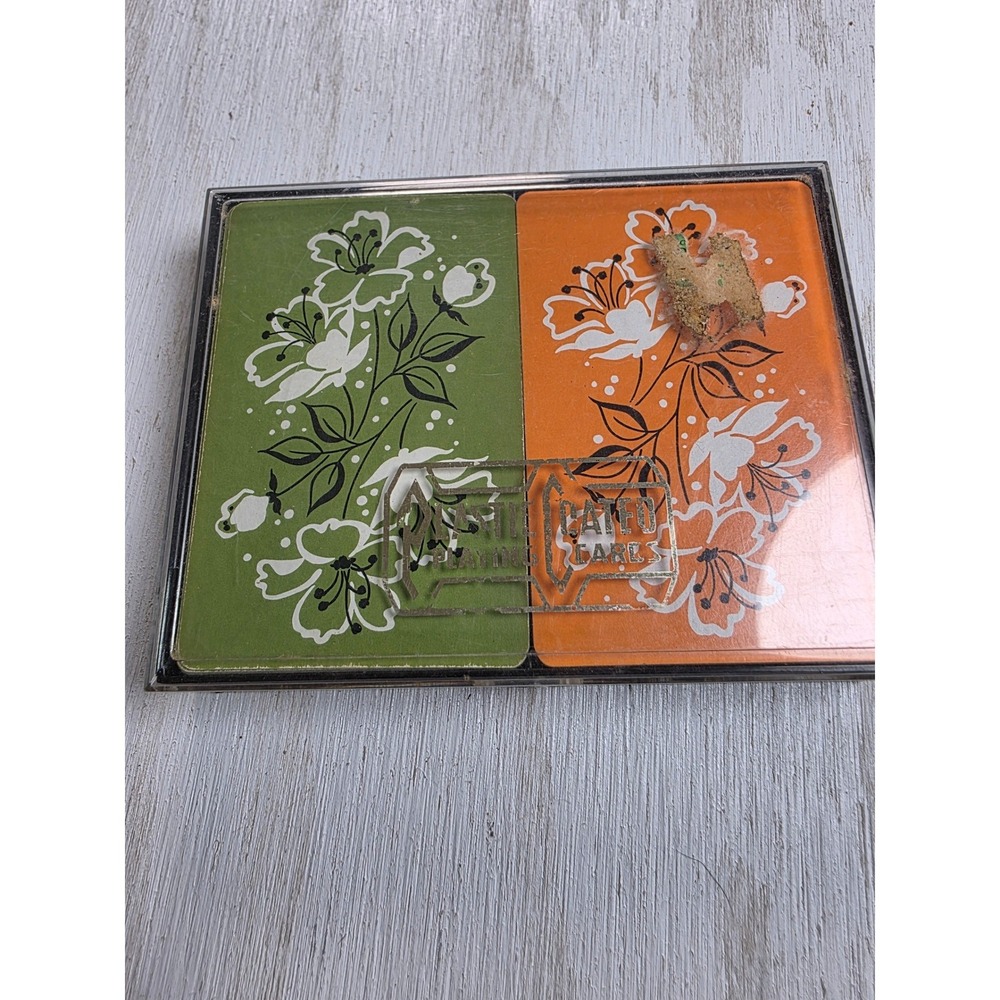 Vintage Floral Playing Cards Double Deck Green Orange Plastic Coated Retro Boho